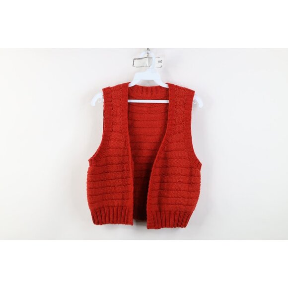 Vintage Sweaters - Vintage 60s Streetwear Womens Small Hand Crochet Open Front Sweater Vest Red